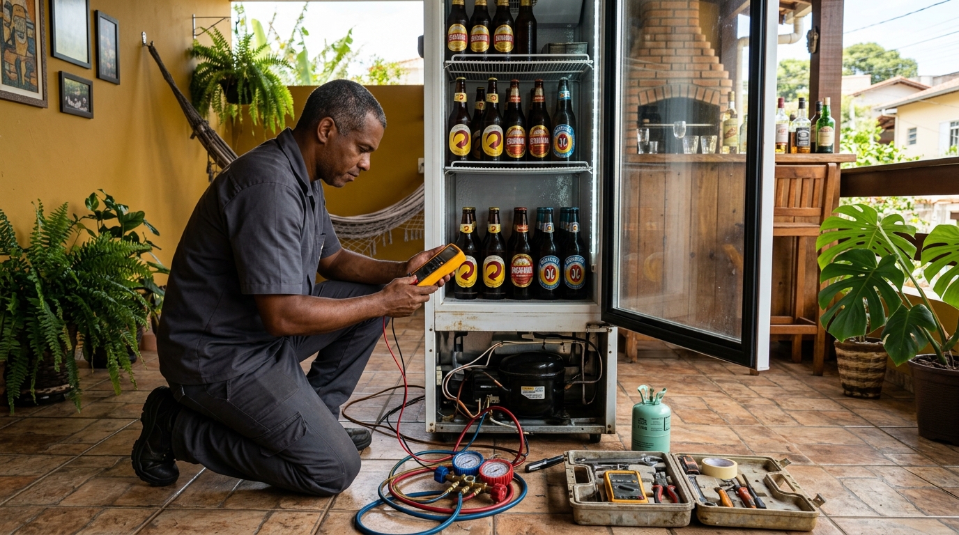 Placa eletrônica de cervejeira em reparo na bancada em Anápolis‑GO