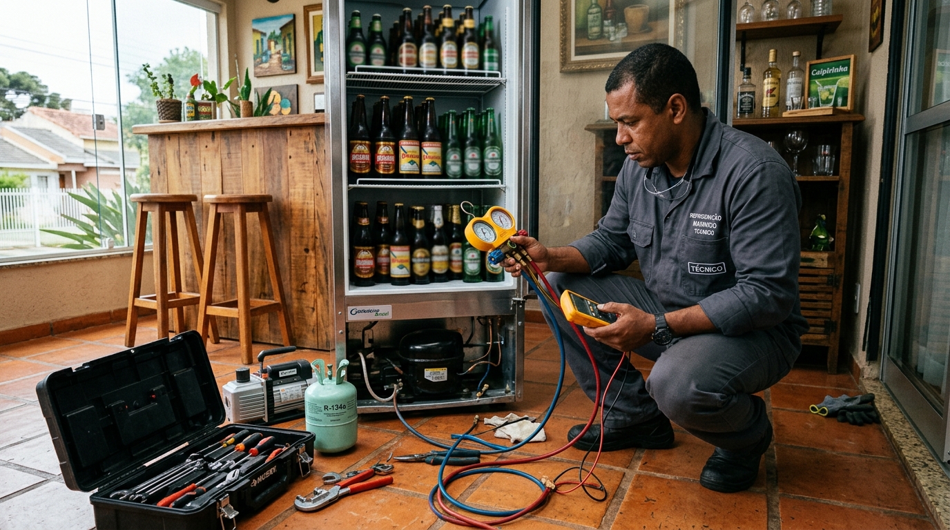 Técnico revisando o motor de uma cervejeira durante chamado em Anápolis‑GO
