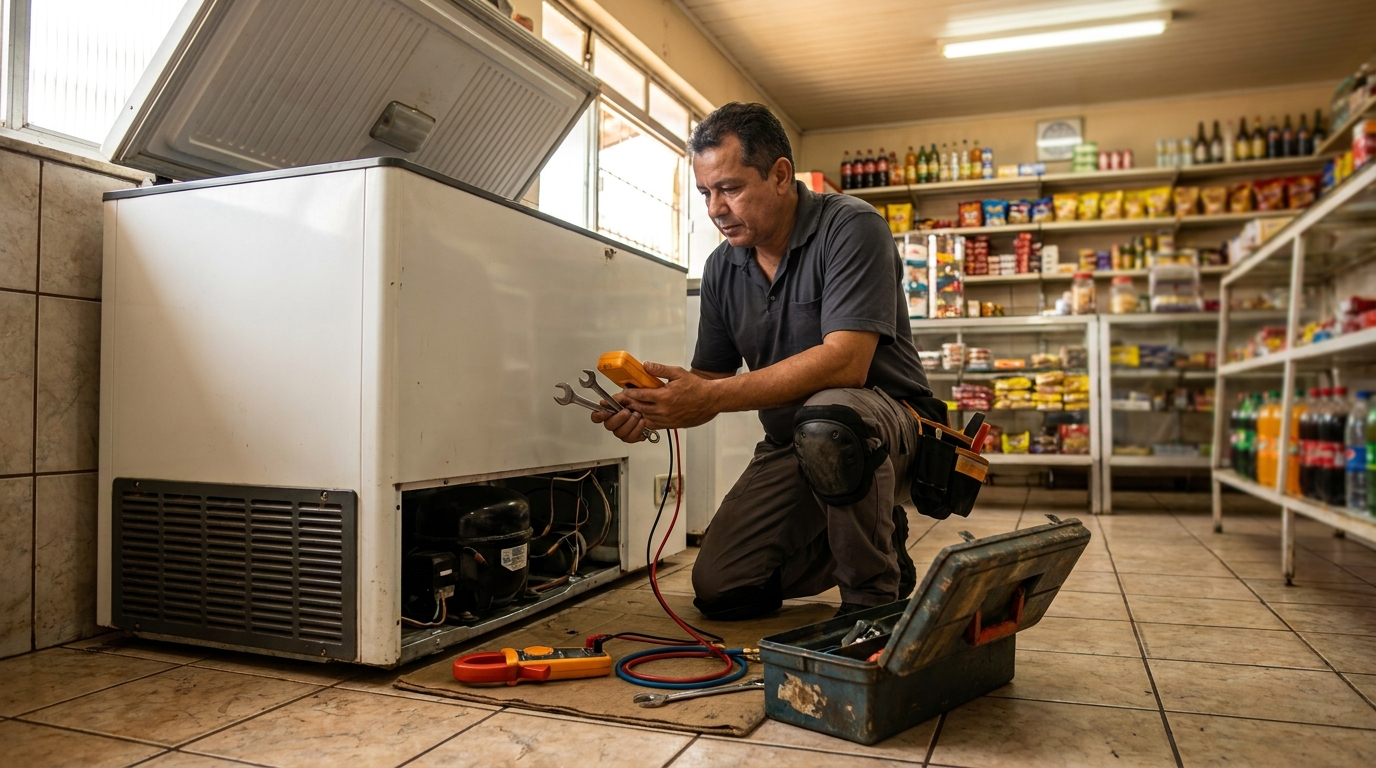 Técnico reparando o motor de um freezer horizontal em Anápolis‑GO