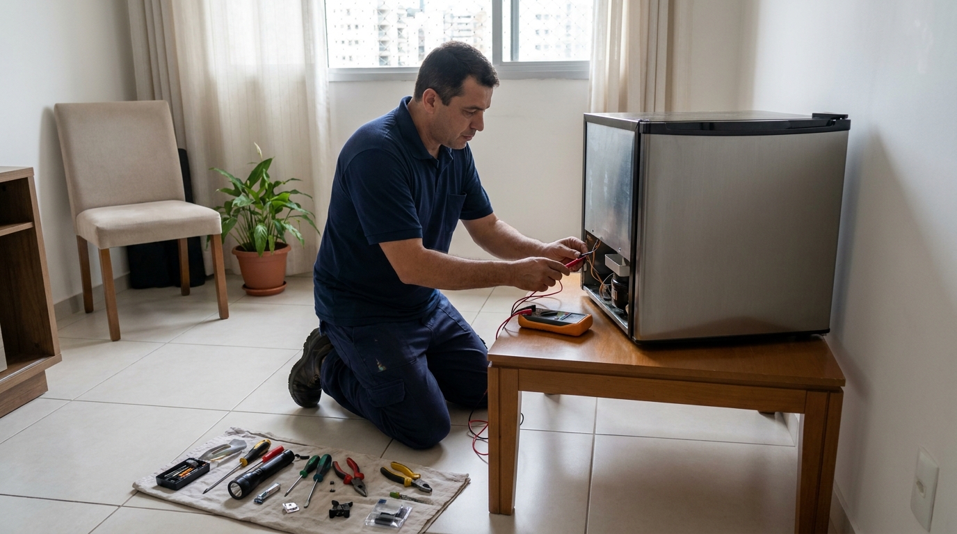 Técnico revisando o motor de um frigobar em Anápolis‑GO